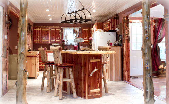 Red Cedar Kitchen Cabinets with Bar